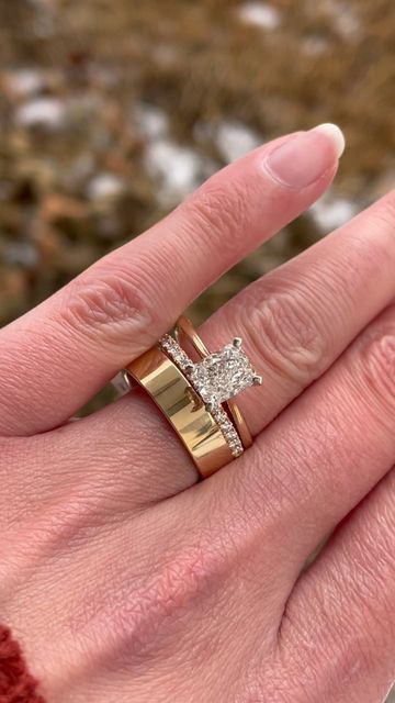 1.6 Carat Engagement Ring, Flat Gold Wedding Band With Engagement Ring, Flat Wedding Band With Engagement Ring, Radiant Cut Engagement Ring Stack, Radiant Cut Engagement Ring With Band, Flat Gold Wedding Band, Thick Wedding Band With Engagement Ring, Thick Gold Wedding Band, Engagement Ring And Band