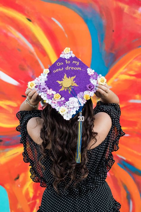 Rapunzel Graduation Cap Ideas, Tangled Grad Cap, Rapunzel Grad Cap, Tangled Graduation Cap, Disney Graduation Cap, Disney Graduation, College Grad Cap Ideas, Senior Crowns, Graduation Cap Decoration Diy