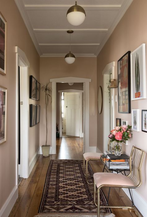 Wall Colours For Hall, Bungalow Hallway Ideas, Hallway Wall Colors, Pink Hallway, Best Wall Colors, Hallway Paint, Bungalow Interiors, Hallway Colours, Hallway Inspiration