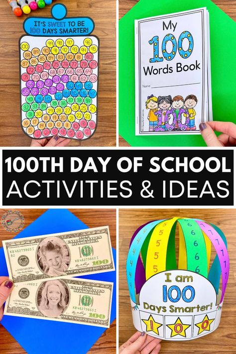 Are you wanting a big 100th day of school celebration for your kindergarten, first grade, or homeschool class? These 100th days of school activities are packed with hands-on activities, crafts, and printables. These 100th day of school activities include a 100th day hat, necklace, glasses, 100th day craft, 100th day of school gumball machine, 100th day of school book, writing, math, literacy, and so much more! Add these as a whole group, small group, centers, or as independent activities. 100 Days Of School Ideas, School Library Activities, 100th Day Of School Activities, 100th Day Of School Crafts, 100s Day, First Grade Parade, Groundhog Day Activities, 100 Day Celebration, Literacy Games