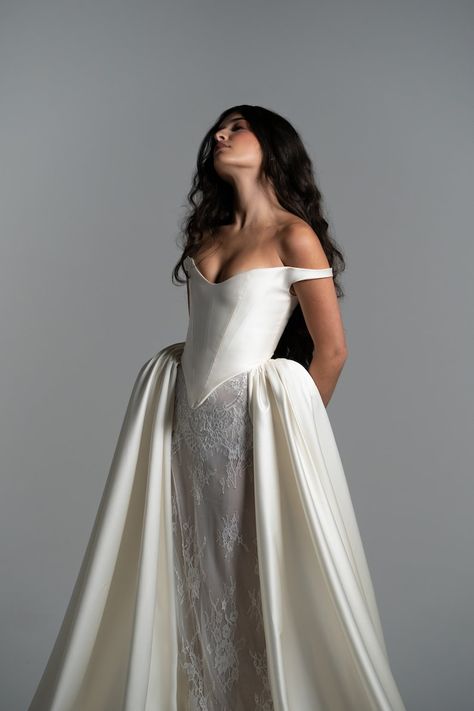 Preorder Custom Duchess Silk Chantilly Lace Basque Waist off Shoulder Corset A Line Removable Over Skirt Wedding Gown Dress Bridal Cathedral - Etsy Off Shoulder Corset, Wedding Gown Dress, Basque Waist, Over Skirt, Waist Corset, Column Skirt, Duchess Satin, Chantilly Lace, Gown Dress