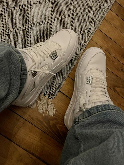 Jordan 4 Pure Money Outfit, Jordan 4 Aesthetic, Pure Money 4s, Boys Snaps, Jordan 4 Pure Money, Jordan 4’s, Jordan 4 White, Jordan Retro 4, White Jordans