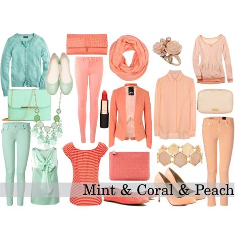 "mint, coral and peach" by aprilanne147 on Polyvore Crazy Desserts, Peach Outfit, Combo Outfits, Coral Colour Palette, Peach Clothes, Color Melon, Peach Top, Mint Coral, Color Combos Outfit