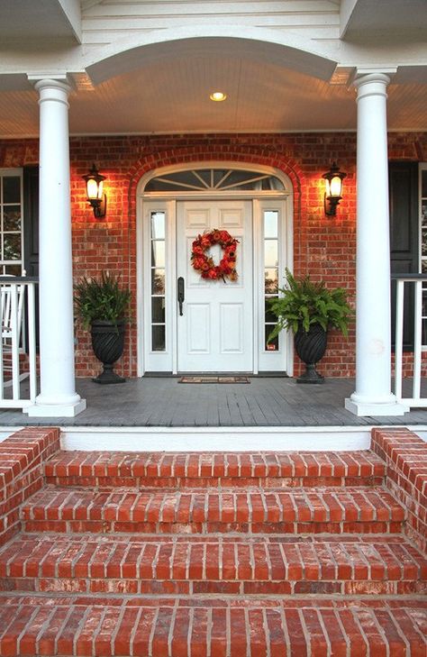 Check out this list of ideas to repurpose vintage bricks, including garden paths, entryways, flooring, and brick decor Brick Stairs, Southern Porch, Brick Porch, French Front Doors, White Front Door, Simple Fireplace, Brick Steps, House Front Porch, Black Shutters