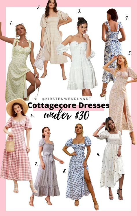 If you're smitten over the cottagecore aesthetic like me you'll definitely love this list list of cheap cottagecore dresses you can buy on a budget! Each of these adorable cottagecore dresses are $30 or under Cheap Cottagecore Clothes, Spring Dresses Cottagecore, Cottagecore Date Outfit, How To Dress Cottagecore, Cottage Dress Aesthetic, Cottagecore Aesthetic Outfits Winter, Cottage Core Outfits Aesthetic, Bloomcore Aesthetic Outfits, Cottage Style Outfits