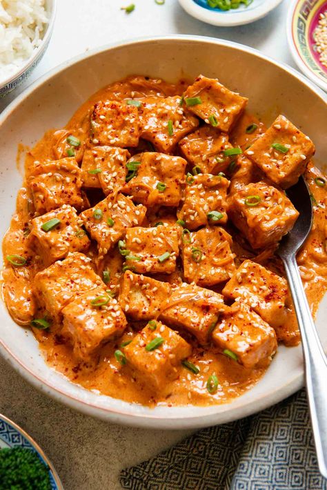 Tofu With Coconut Milk, Coconut Milk Tofu Recipes, Thai Red Curry Tofu Recipe, Tofu And Coconut Milk Recipes, Coconut Milk Tofu, Thai Coconut Curry Tofu, Creamy Tofu Sauce, Harissa Tofu Recipes, Roasted Tofu And Vegetables