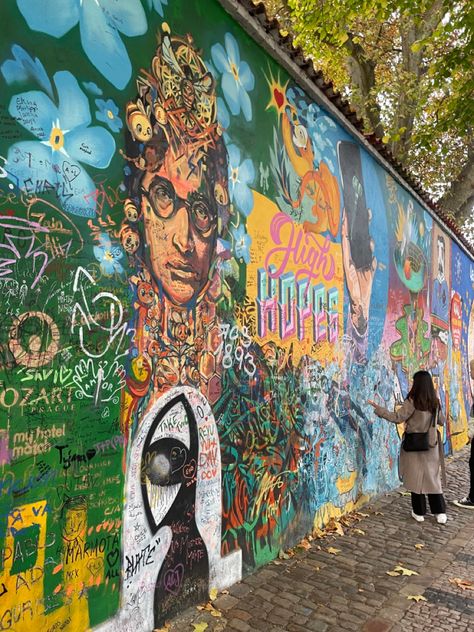 John Lennon Wall Prague, Travelling Aesthetic, Lennon Wall, John Lennon Wall, Aesthetic Places, Ariel Disney, Disney Ariel, Prague Czech Republic, Prague Czech