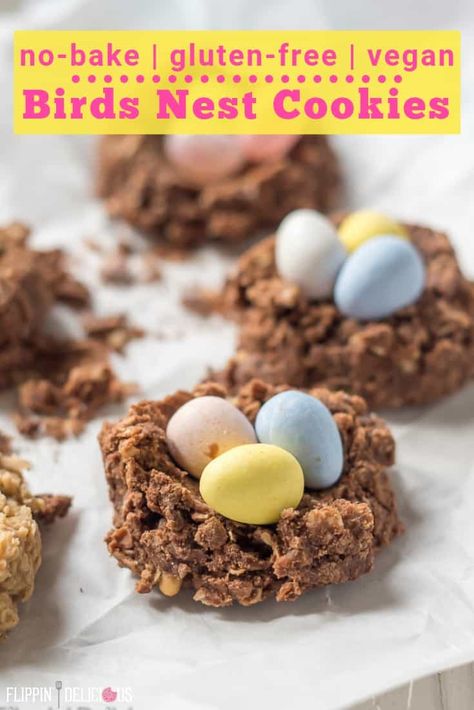 Quick & easy gluten free no bake cookies shaped into birds nest cookies with mini eggs. A fun and fest treat perfect for spring and Easter. flippindelicious.com #glutenfreeeaster #eastertreats #easterrecipe #eastercookies #glutenfree #nobakecookies Birds Nest Cookies, Gluten Free Easter, Easy No Bake Cookies, Easter Nests, Easter Snacks, Easter Desserts Recipes, Nutella Cookies, Dairy Free Dessert, Birds Nest