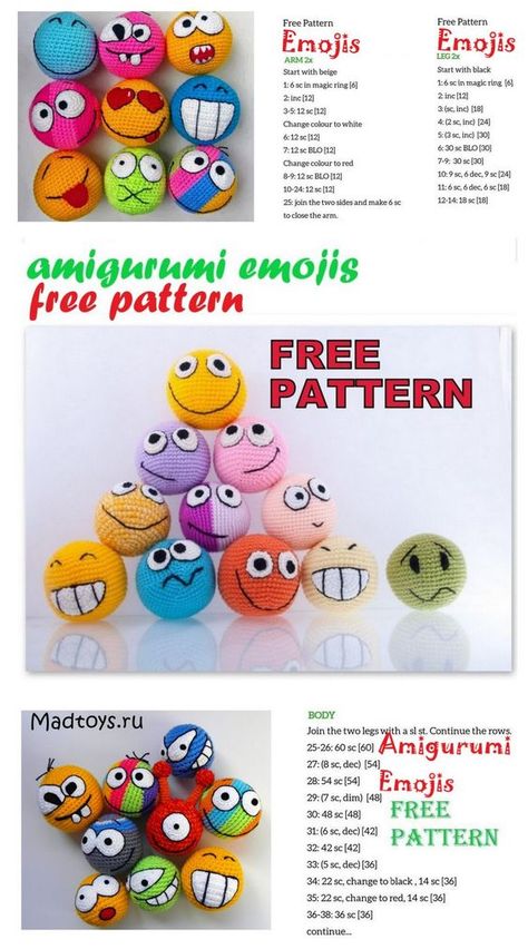 Emojis Amigurumi Free Pattern - Csr.life Crochet Keyring Free Pattern, Emoji Patterns, Crochet Ball, Crochet Toys Free, Crochet Disney, Modern Crochet Patterns, Crochet Keychain Pattern, Pola Amigurumi, Crochet Gratis