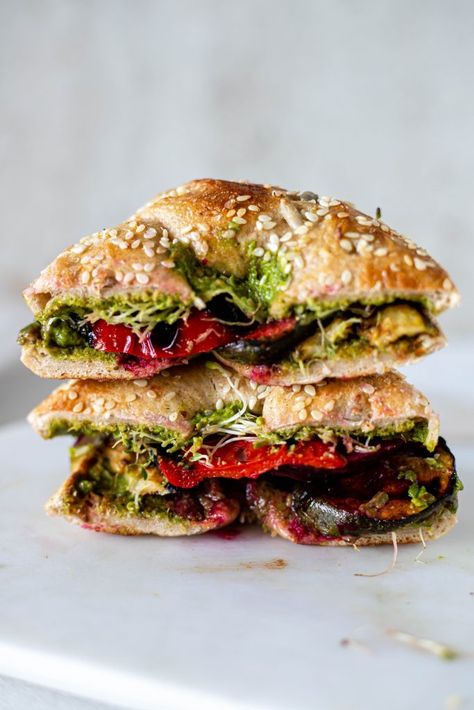 Recipes With Pesto Vegetarian, Make Ahead Sandwiches, Sandwiches With Pesto, Salads Vegetable, Vegetarian Panini, Best Grilled Vegetables, Farmhouse Food, Vegetarian Sandwich Recipes, Pesto Sandwich