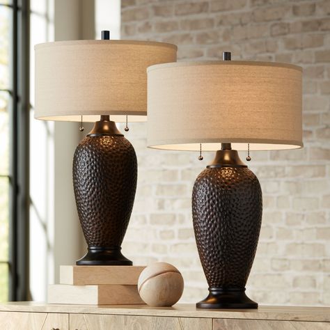 360 Lighting Modern Table Lamps Set of 2 Hammered Oiled Bronze Oatmeal Linen Drum Shade for Living Room Family Bedroom Office - Walmart.com Farmhouse Table Lamps, Replacement Lamp Shades, Rustic Farmhouse Table, Lamps For Living Room, Rustic Table Lamps, Industrial Table Lamp, Bronze Lamp, Bronze Table Lamp, Table Lamps Living Room