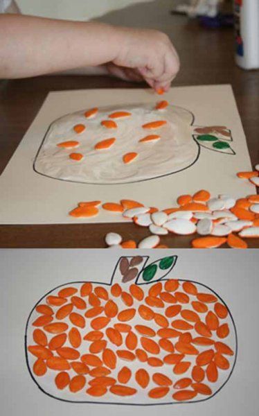 Pumpkin Seed Fall Craft; could even do a brown construction paper stem with toddlers. Craft Pumpkins, Letter Learning, Halloween Infantil, October Crafts, Message Center, Halloween Preschool, Fall Preschool, Manualidades Halloween, Pumpkin Seed