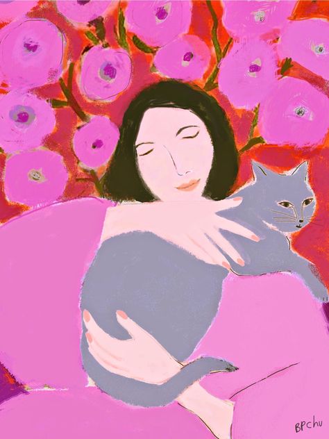 pinkpagodastudio: --Woman with Gray Cat She And Her Cat, Lady In Pink, Cat Art Illustration, Pink Art Print, Grey Cat, Papel Mache, Cats Illustration, Story Book, Pink Art