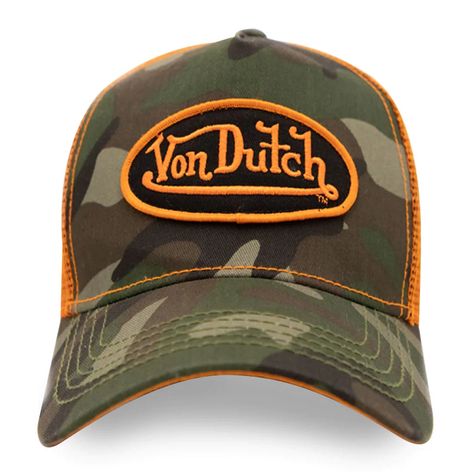 https://cdn.shopify.com/s/files/1/0977/2604/products/greencamovondutchtrucker_5000x.webp?v=1666893393 Von Dutch Hat, Camo Trucker Hat, Diy Birthday Gifts For Friends, Orange Hats, Camouflage Design, Orange Logo, Camo Hats, Von Dutch, Purple Velvet