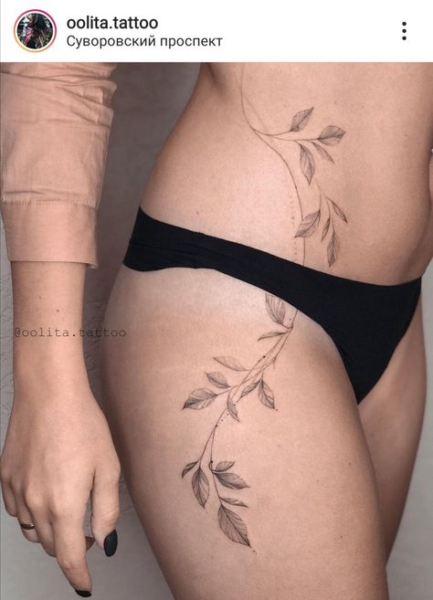 Leaves Tattoo Lower Back, Thigh Leaf Tattoos Women, Side Vine Tattoos Women, Back To Hip Tattoos Women, Dainty Side Tattoos For Women, Vine Hip Tattoos Women, Hip Vine Tattoo, Tight Tattoos For Women, Vine Hip Tattoo