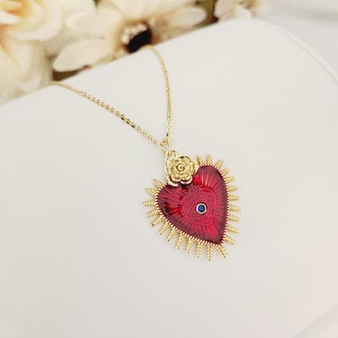 18k Gold Filled Sacred Heart Necklace – Flaming Heart, Religious Jewelry, Dainty Necklace, Catholic Gift for Christmas, Gift for Womens Catholic Christmas Gifts, Sacred Heart Necklace, Flaming Heart, Eye Detail, Catholic Necklace, Christian Necklace, Saint Benedict, Catholic Jewelry, Jewelry Dainty