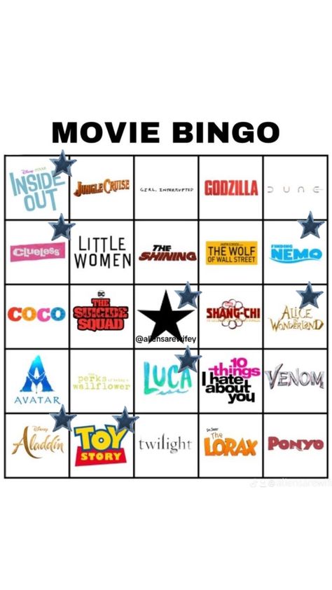 Movie Bingo ❤️ Bingo Movie, Movie Bingo, Girl Interrupted, The Lorax, Disney Toys, Aladdin, Godzilla, Bingo, Avatar