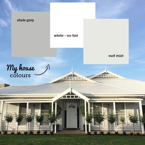 white trim, surf mist roof/gutter/fascia + greener grey than this one for walls (maybe Gracieux by Wattyl). Black hardware, balcony rail, gates, house numbers, light, fence etc Grey House Paint, Weatherboard Exterior, Hamptons House Exterior, Weatherboard House, Shale Grey, Grey Houses, Exterior Color Schemes, House Color Schemes, Roof Colors