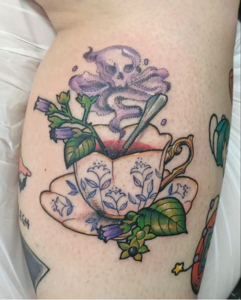 Pot And Kettle Tattoo, Poison Tea Cup Tattoo, Spooky Tea Cup Tattoo, Mushroom Teacup Tattoo, Teacup And Saucer Tattoo, Spooky Teacup Tattoo, Tea Cup Tattoo Vintage, Tea Cup Tattoos, Tea Party Tattoo