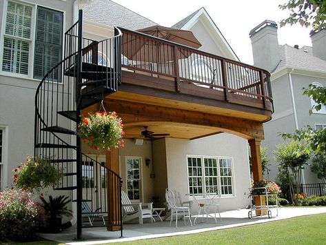 Spiral Staircase Outdoor, Elevated Deck, Outside Stairs, Second Floor Balcony, Staircase Outdoor, Spiral Staircases, Covered Patios, Addition Ideas, Patio Deck Designs