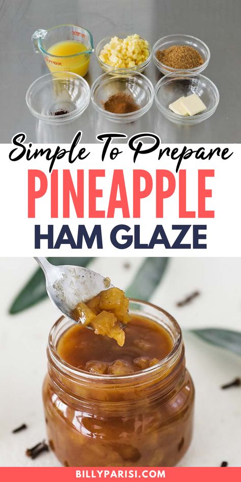 This simple-to-prepare pineapple ham glaze has a tremendous ability to enhance the flavor of whatever you want to serve them on. This glaze perfectly accompanies any baked ham recipe. The addition of pineapple to this glaze cuts so well with the salty umami-flavored ham, you are going to love it! Cherry Pineapple Ham Glaze Recipe, Pineapple Sauce For Ham, Pineapple Ham Glaze, Pineapple Glaze For Ham, Easy Ham Glaze, Baked Ham Recipe, Ham Sauce, Pineapple Ham, Pineapple Glaze