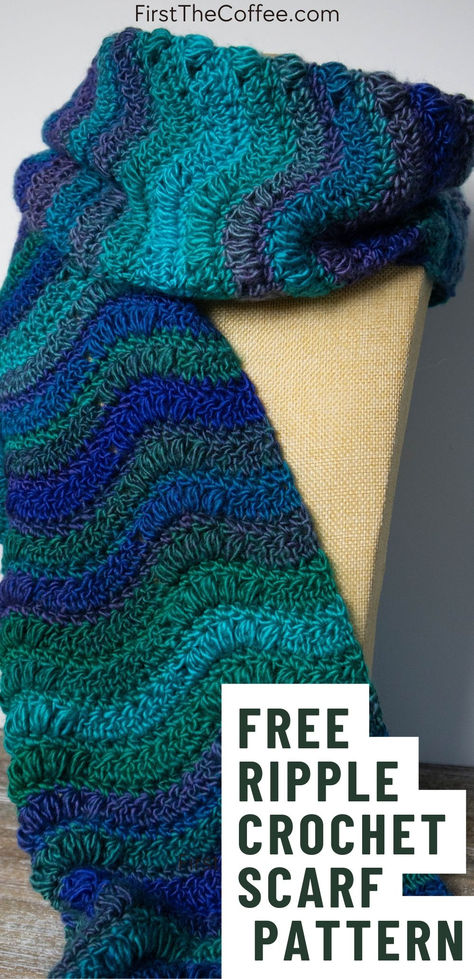 Free Ripple Scarf Crochet Pattern Quick Crochet Cowl Free Pattern, Quick Crochet Scarf Pattern Free, Crochet Ripple Scarf, Alpine Blanket, Crochet Scarf Pattern Free Easy, Ripple Stitch Crochet, Crochet Shawl Tutorial, Wavy Crochet, Coffee Crochet