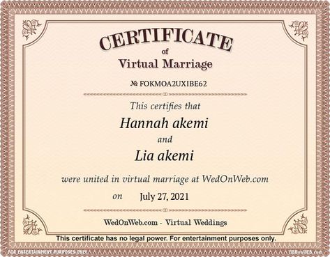 Marriage Certificate - Virtual weddings for fun by WEDonWEB. Wedding Certificate, L Lawliet, Marriage Certificate, Online Wedding, Just For Fun, Home Ideas, Got Married, The Unit, Personalized Items