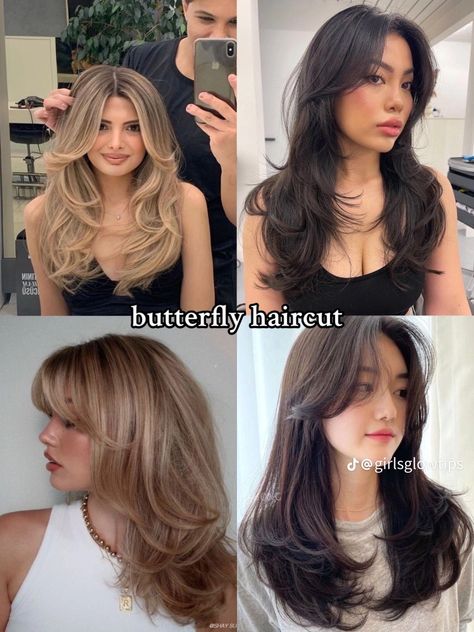 Layered Shaggy Long Hair, Face Slim Hairstyles, Types Of Layered Haircut, Hair Cuts For Long Hair With Layers, Butterfly Cut With Bangs, Fairy Haircut, Types Of Haircuts, Haircut Inspo, Aesthetic Hairstyles