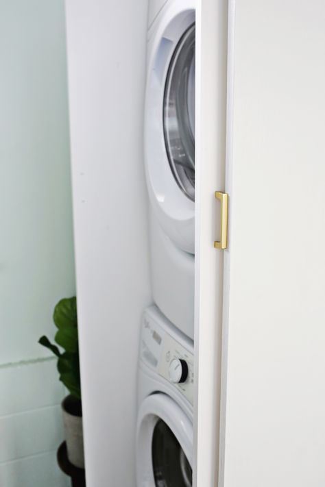 How To Hide Stacked Washer And Dryer, Hide Stacked Washer And Dryer, Hidden Washer And Dryer Cabinet, Diy Stacked Washer Dryer Cabinet, Laundry Closet In Kitchen Ideas, Stacked Washer Dryer Cabinet, Washer And Dryer Cabinet, Hidden Washer And Dryer, 60s Ranch