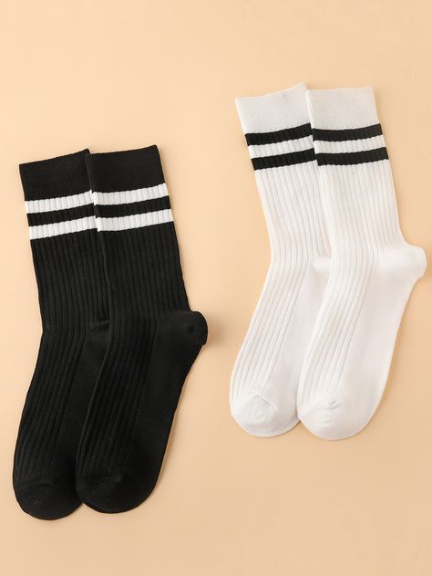 Black and White  Collar  Knitted Fabric Striped Crew Socks Embellished   Women Socks & Hosiery Cute Socks Aesthetic, Aesthetic Socks, Basketball Uniforms Design, Socks Aesthetic, Black And White Socks, Women Crew Socks, Outfit Plan, Printed Sleeveless Top, Women Socks