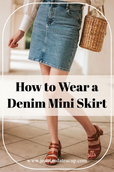 How to wear a denim mini skirt - especially if you are over 30! Wearing a mini skirt can be tricky but I've got tips to make sure you always look stylish and age appropriate! #denimskirt #springstyle #springoutfitideas #howtostyle Light Wash Jean Skirt Outfit, Denim Skirt Outfits Mini, Jean Miniskirt Outfits, Short Jean Skirt Outfits Fall, Styling Jean Skirt, What To Wear With A Jean Skirt, How To Style A Jean Skirt, Jeans Mini Skirt Outfit, Mini Jean Skirt Outfit