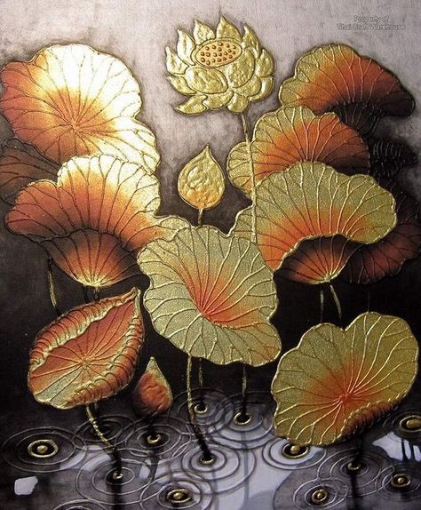 thai art | Beautiful and unique original hand painted Thai painting ... Bodhi Tree Art, Premium Illustration, 3d Relief Art, Gold Art Painting, Lotus Painting, Thailand Art, Same Energy, Minimal Painting, Lotus Art