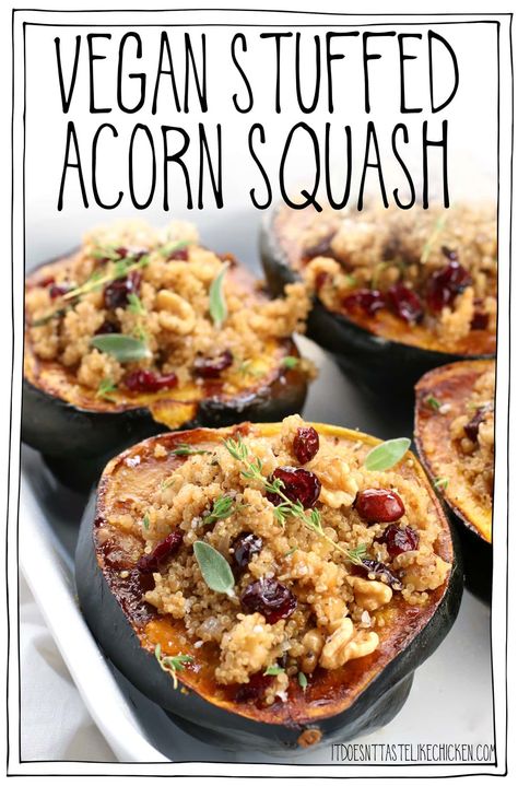 Vegan Stuffed Acorn Squash! Easy to make and can be made ahead of time. The perfect main dish for Thanksgiving or Christmas. The squash is stuffed with quinoa, seasonal spices, nuts or seeds, and pops of sweet dried cranberry. Delish! #itdoesnttastelikechicken #veganrecipes #veganthanksgiving Vegan Stuffed Acorn Squash, Squash Spaghetti, Stuffed Squash, Vegan Spaghetti, Stuffed Acorn Squash, Acorn Squash Recipes, Vegan Thanksgiving Recipes, Like Chicken, Vegan Main Dishes