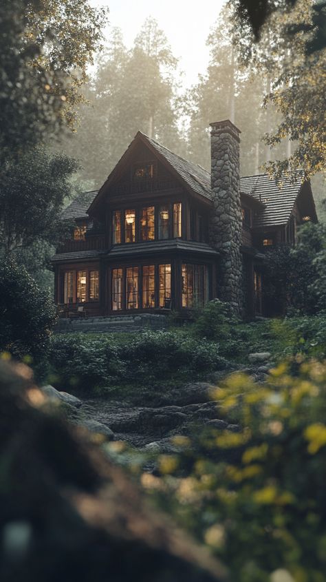 Mysterious Forest Dwelling with Huge Windows House In The Woods Aesthetic, Homes In Nature, Forest House Aesthetic, Rustic Mansion, Window From Outside, Forest Landscaping, Forest Homes, Large Cottage, Mysterious Forest