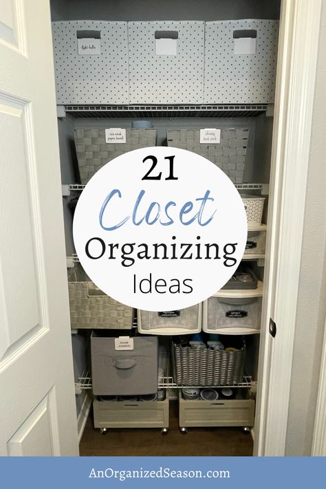 Step into a world of streamlined living with our "21 Closet Organizing Ideas." Delve into a trove of ingenious yet practical solutions designed to convert your cluttered chaos into an oasis of order. Get ready to organize all the closets in your house. Please pin this and follow us for more home organization inspiration! Large Hallway Closet Organization, Closet Storage Bins Organizing Ideas, Organize Hall Closet, Sliding Door Closet Organization Ideas, Hallway Closet Organization, Hall Closet Organization Ideas, Closet Cleaning Supplies, Hall Closet Organization, Closet Organizing Ideas