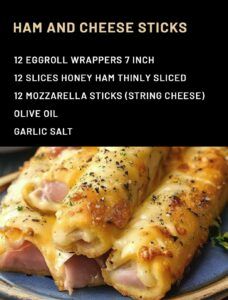 Ham and Cheese Sticks Ham And Cheese Egg Rolls, Baked Cheese Sticks, Baked Mozzarella Sticks, Cheese Sticks Recipe, Baked Mozzarella, Homemade Mozzarella Cheese, Homemade Mozzarella Sticks, Mozzarella Sticks Recipe, Hobo Dinners