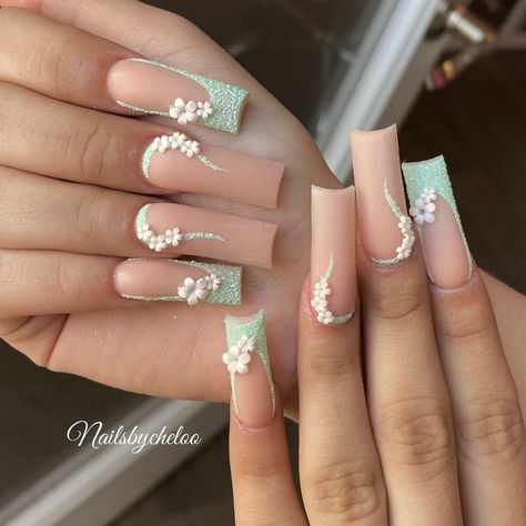 Green Acrylic Nails Flowers, Sage Green Pink Nails, Acrylic Nails Quince, Sage Green Quince Nails, Sage And Gold Nails, Teal And Pink Nails, Nails Quince, Green Flower Nails, Pink And White Acrylic Nails