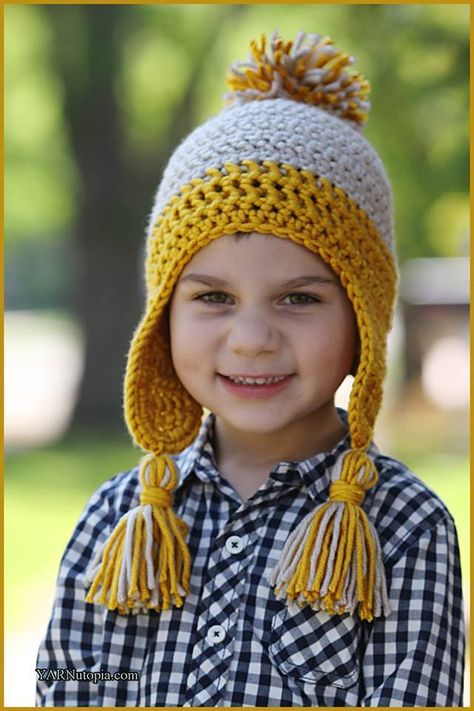 Crochet Tutorial: Winter Winds Ski Cap Crochet Baby Cap, Crochet Hooded Scarf, Hats Crochet, Yarn Patterns, Crochet Baby Beanie, Crochet Kids Hats, Flap Hat, Crocheted Hat, Crochet Knit Hat