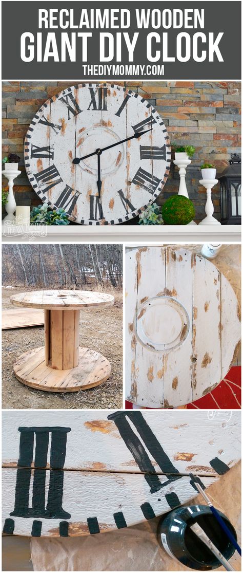 Make a Giant Reclaimed Wood Clock from an Electrical Reel #12MonthsofDIY | The DIY Mommy Diy Wall Clock Ideas, Barn Wood Crafts, Wood Craft Projects, Diy Wall Clock, Reclaimed Wood Projects, Wood Clock, Diy Holz, Wood Crafts Diy, Wood Clocks