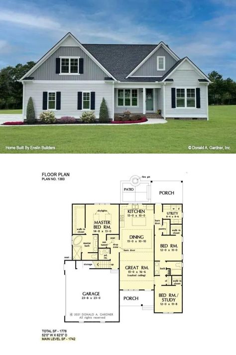 3-Bedroom Bungalow Farmhouse House Plan with Large Attic Bonus Room Attic House Design, 3 Bedroom Bungalow Floor Plans, Attic Bonus Room, Farmhouse Bungalow, Bungalow Farmhouse, Bonus Room Design, Neoclassical Home, 3 Bedroom Bungalow, Bungalow Floor Plans