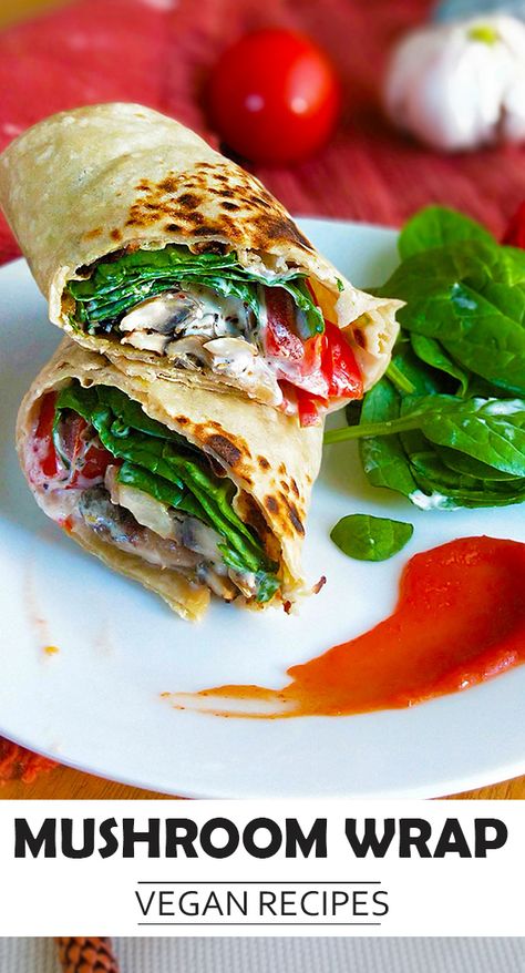 Lunch Wrap Ideas, Spinach Wrap, Lunch Wrap, Caramelized Onions And Mushrooms, Teenage Room Decor, Spinach Wraps, Mushroom Spinach, Lunch Wraps, Vegan Wraps