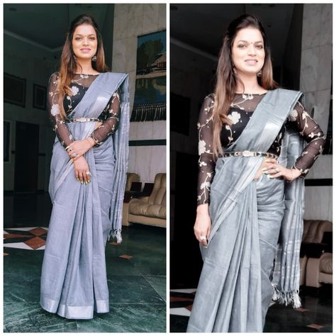 #Gray saree with black blouse  #gray &black saree #saree in different style #saree wear for official look #gray silk saree by payal singh Gray Saree Blouse Combination, Saree In Different Style, Saree With Black Blouse, Sari Blouse Styles, House Of Blouse, Formal Saree, Grey Saree, Slay Outfits, Party Wear Dress