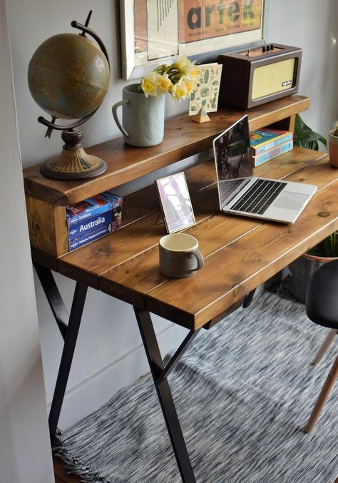 Reclaimed Wood Industrial metal Legs Desk With Shelf Mid | Etsy Mid Century Modern Home Office, Desk With Shelf, Oak Wood Stain, Pine Desk, Metal Desk Legs, Handmade Desks, Reclaimed Wood Desk, Shelf Desk, Desk Computer