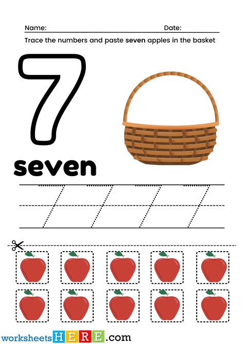 Trace Number 7, Cut and Past Seven Apples in the Basket PDF Worksheets For Kindergarten - WorksheetsHere.com Number6 Worksheet, Number 7 Worksheet Kindergarten, Number 7 Tracing Worksheets Preschool, Apple Number Tracing, Number 9 Tracing Worksheet, Number 7 Worksheet, Trace Number 7 Worksheet, Kindergarten Tables, Rote Counting