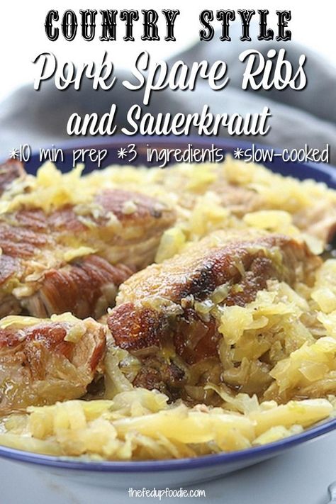 Country Style Pork Spare Ribs and Sauerkraut. A favorite dinner meal in my house. My husband loves this dish and my kids always ask for more. Plus it's great for busy nights since I can just toss it into the slow cooker and leave it alone. #slowcookerrecipe #weeknightdinneridea #familydinner #porkspareribs #ribs #ribsrecipe Spare Ribs And Sauerkraut, Ribs And Sauerkraut, Pork And Sauerkraut Recipe, Country Pork Ribs, Spareribs Recipe, Clean Eating Vegetarian Recipes, Country Style Pork Ribs, Clean Eating Vegetarian, Slow Cooker Ribs