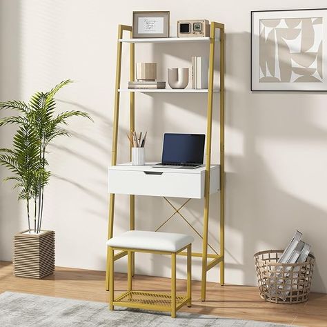 4 Storage Compartments, Open Shelves, Girls Dressing Table for Small Space (White & Gold) Boho Vanity Desk, Vanity Shelf Ideas, Tiny Vanity Ideas, Vanity For Small Bedroom, Small Vanity Ideas, Dressing Table For Small Space, Girls Dressing Table, Ladder Desk, Ladder Storage