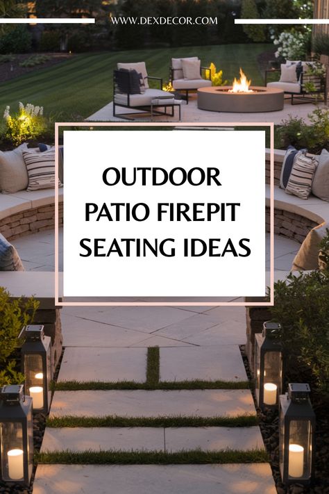 Cozy outdoor patio with a firepit and elegant seating arrangement surrounded by greenery. Backyard Landscaping Designs With Fire Pit, Outdoor Fire Pit With Seating, Extended Patio With Fire Pit, Modern Fire Pit Area, Outdoor Fire Pit Ideas Seating Areas, Firepits Backyard Ideas Seating Areas, Fire Pit Ideas Backyard Seating, Patio With Fire Pit Ideas, Fire Pit Layout