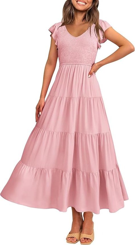 PRETTYGARDEN Women's Summer Flowy Maxi Dress Casual Cap Sleeve V Neck Smocked Beach Sundress (Solid Pink,Large) at Amazon Women’s Clothing store Women Maxi Dresses Summer, Long Flowy Dress, Maxi Dress Casual, Cake Dress, Sandy Shores, Street Dress, Flutter Dress, Summer Plus Size, Casual Cap