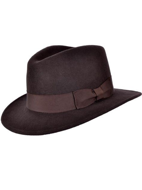 "No 1940s or 50s ensemble is complete without a dashing vintage style fedora. This retro brown hat features a wide brim and a deep grosgrain hatband, which is adorned with a ribbon tail to one side. The hat has a deep crown, which provides ample space for your head while also adding to the vintage look and feel of the hat. 100% wool, handmade. Measurements: Small: 55cm circumference Medium: 57cm circumference Large: 59cm circumference X Large: 61cm circumference Brim Width: approx 2.25\" / 7 cm Crown Height: approx 4\" / 10.5cm Sizing note: Please check your head size against these measurements for an accurate fit, although please note like with any manufactured item there may be a very slight variation in size. Your head should measure the same as the hat circumference we state, as there Mens Fedora Hat, 1940s Looks, Brown Fedora, Vampire Clothes, Mens Fedora, Brown Hat, Wool Fedora, Brown Hats, Bow Flats