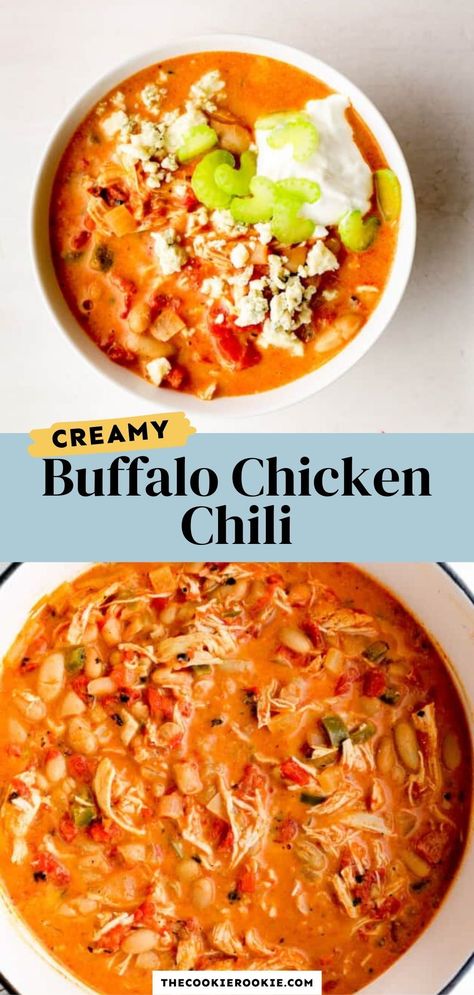 Creamy Buffalo Chicken Chili, Best Buffalo Chicken Chili, Spicy Buffalo Chicken Chili, Buffalo Chicken Chili Soup, Mild Spicy Recipes, Chilli Recipe Unique, Buffalo Chicken Enchilada Soup, Healthy Buffalo Chicken Chili, Instant Pot Buffalo Chicken Chili